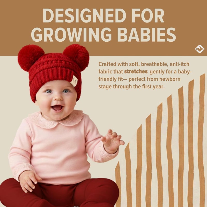 Funky Junque Double Pom Pom Baby Beanie – Newborn Girl Winter Hat 0–12 Months, Cute Cozy Knit Infant Beanies for Cold Weather - Image 2